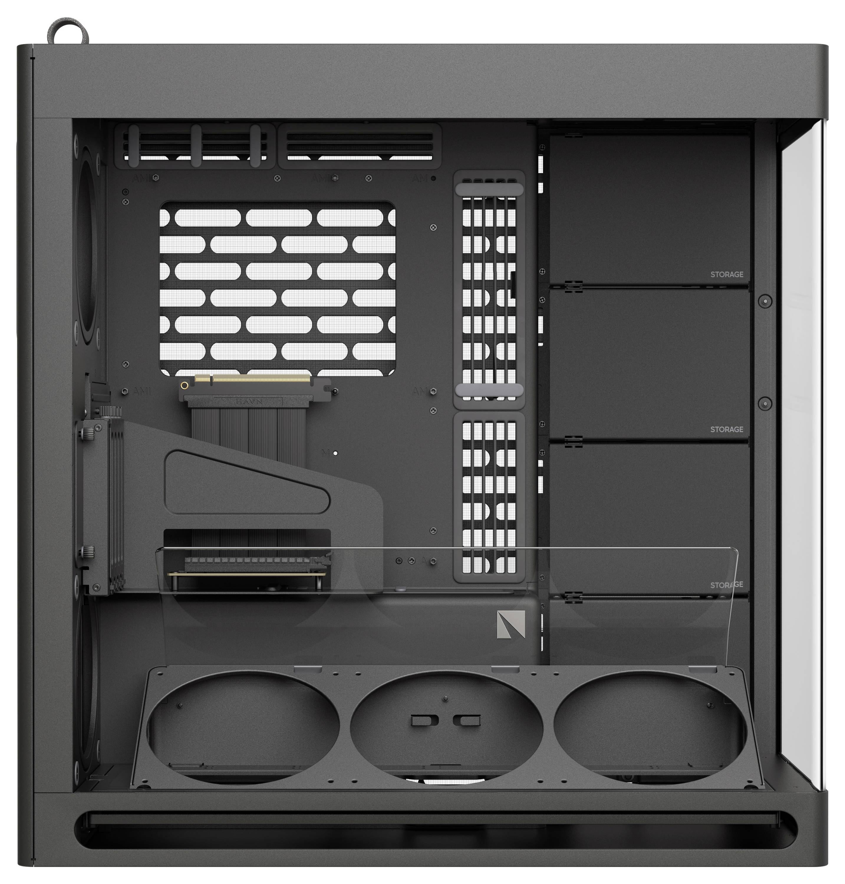 Een lege computertoren met ruimte voor koelventilators, grafische kaart en opslagapparaten zichtbaar aan de binnenkant.