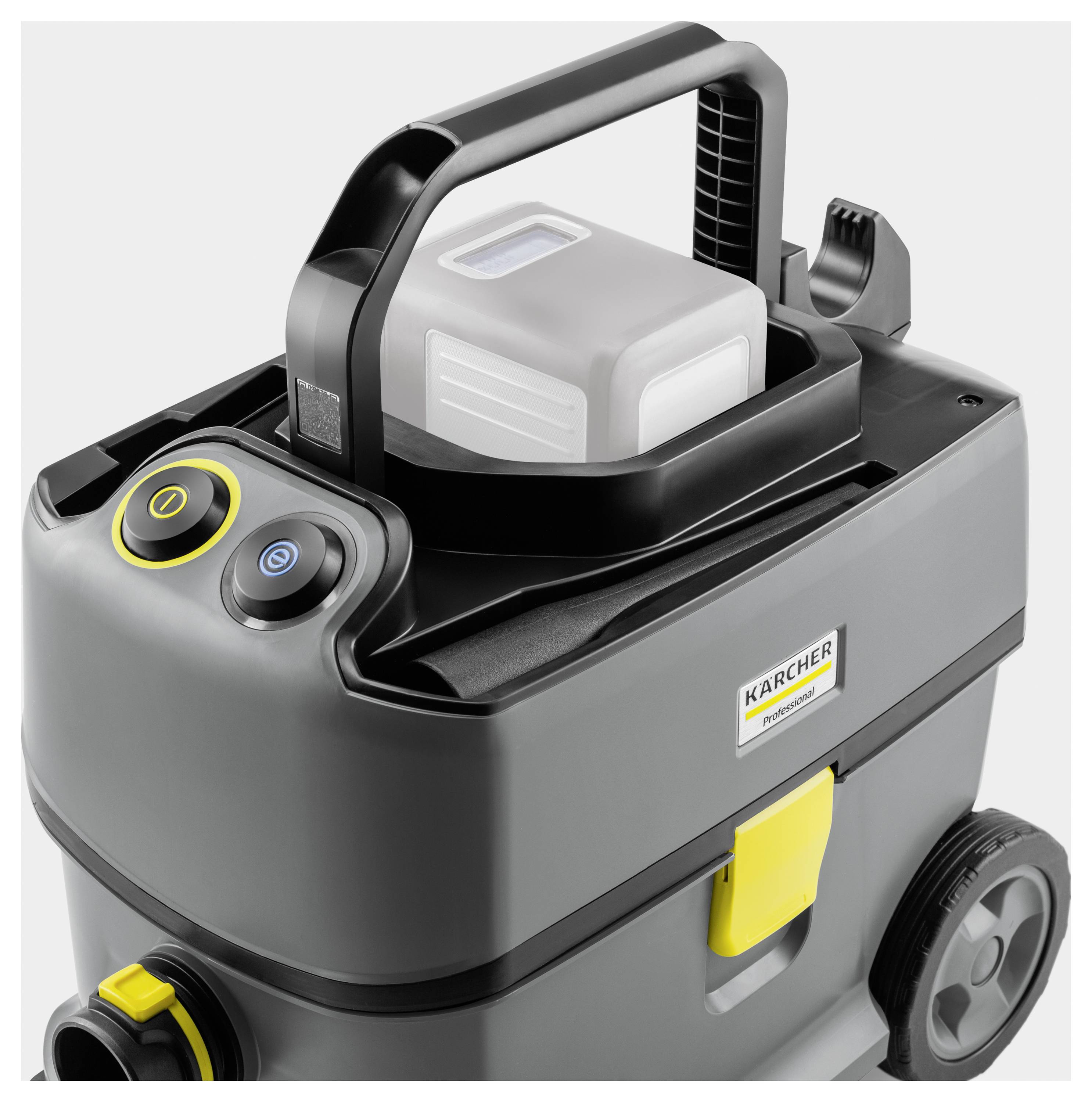 Draagbare, grijze industriële stofzuiger met gele accenten en een uitneembare batterij aan de bovenkant.