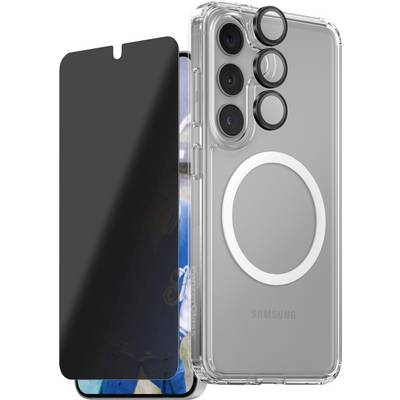 Transparante telefoonhoes voor Samsung-toestel, met cameragaten en grijze cirkel voor MagSafe-compatibiliteit; inclusief schermbeschermer.
