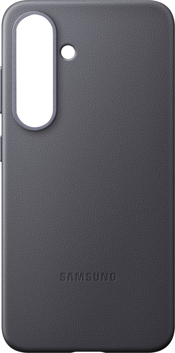 Zwarte telefoonhoes met openingen voor camera en flits, merknaam 'Samsung' gegraveerd. Elegant, glad ontwerp.