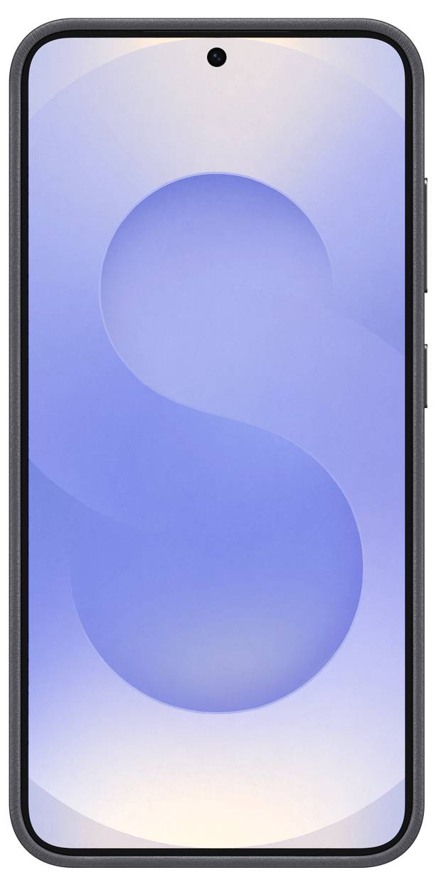 Smartphone met zwarte rand, scherm toont een blauw-paars achtergrondbeeld.