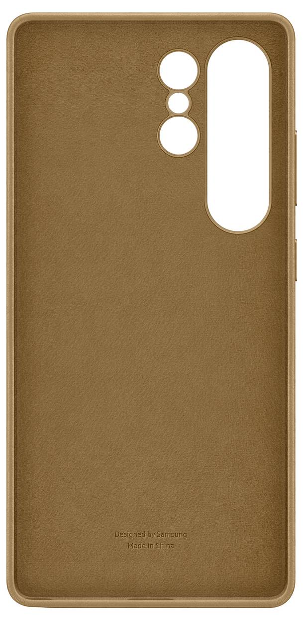 Bruine telefoonhoes voor een smartphone met camera- en sensoruitsparingen, achteraanzicht, minimalistisch ontwerp.