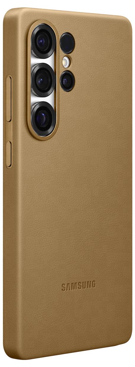Bruine Samsung-smartphone met vier cameralezes aan de achterkant, licht schuin geplaatst. Links bevinden zich de volumeknoppen.