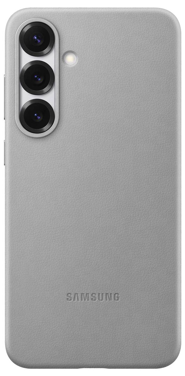 Grijs smartphone met drie cameralezes aan de achterkant, verticaal gerangschikt.