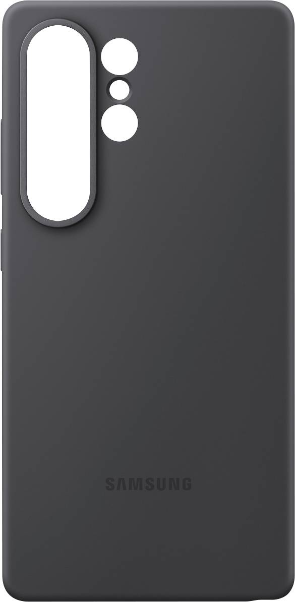 Zwarte Samsung telefoonhoes met uitsparingen voor camera en knoppen, strak design.