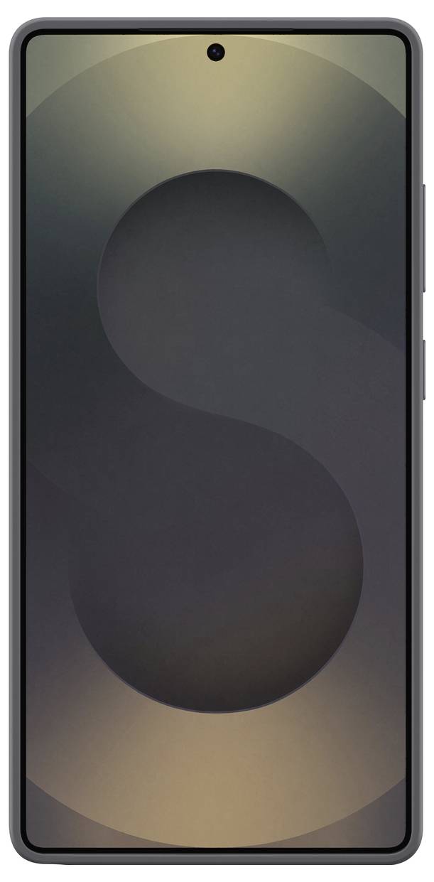 Smartphone met scherm, zwarte rand en gecentraliseerde camera in het bovenste gedeelte. Achtergrond toont een groot, donker 'S'.