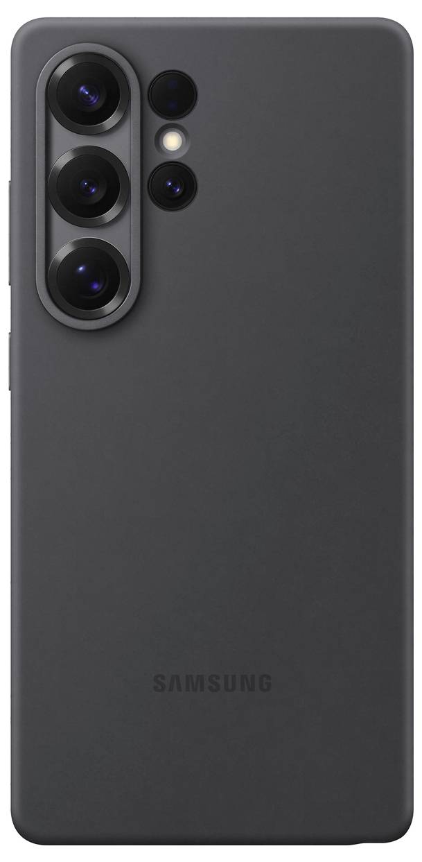 Zwarte achterkant van een smartphone met vier cameralen, flitser en Samsung-logo. Hoogwaardig design, strak en modern.