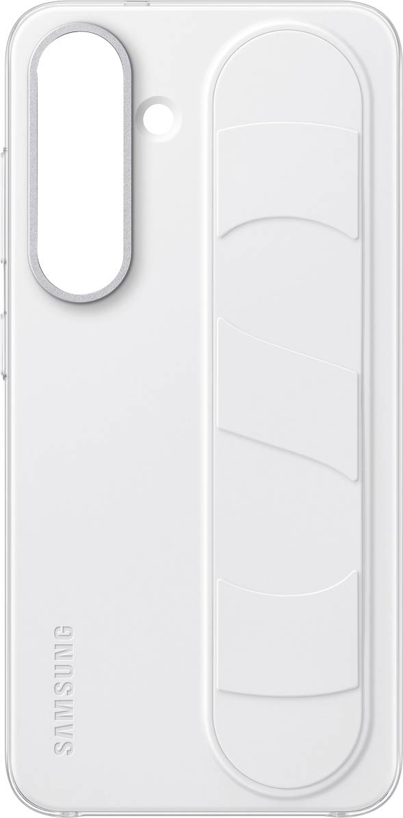 Een wit Samsung smartphone-achterkant met een gestructureerd oppervlak en een camera-moduleuitsparing aan de linkerkant.