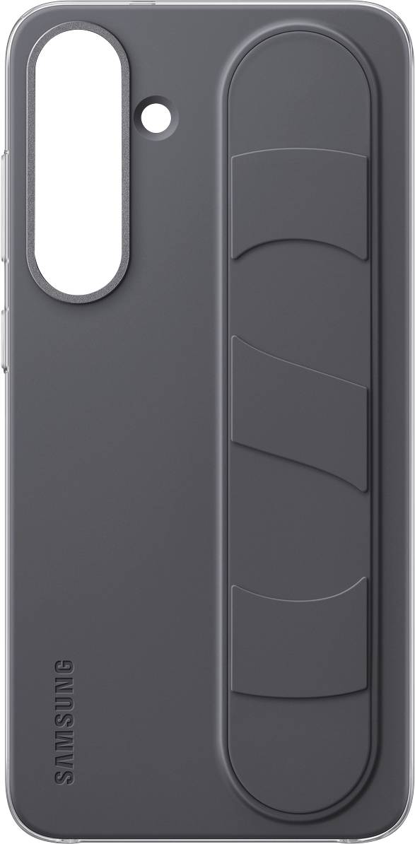 Zwarte telefoonhoes met geribbeld handvat en cameragat, geschikt voor een Samsung-model.