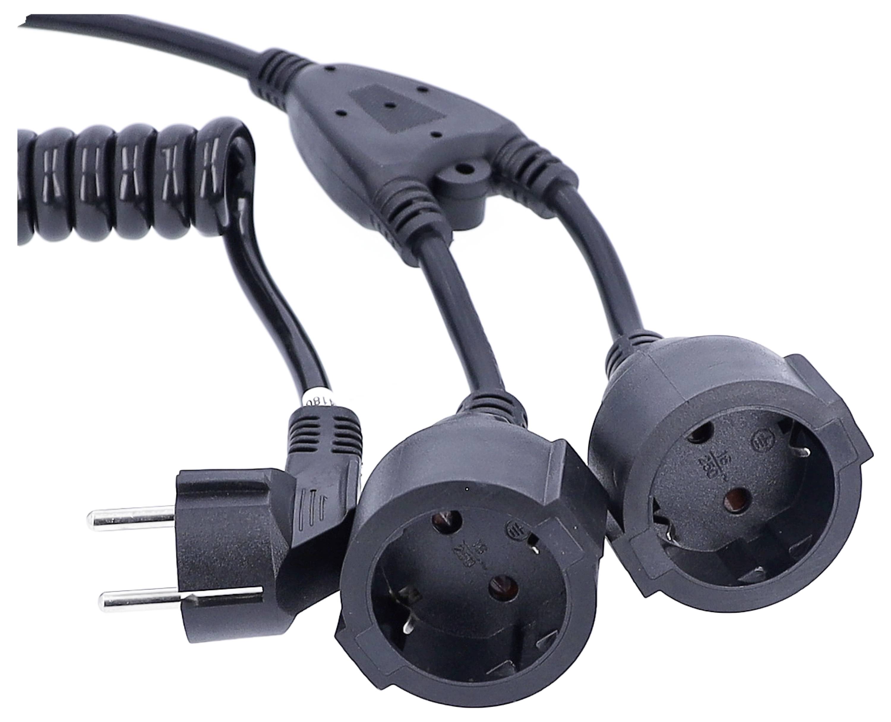 Drie zwarte stekkerkabels, waarvan één met een EU-stekker, die zich vertakken naar twee stopcontacten. Geschikt voor elektronische aansluiting.