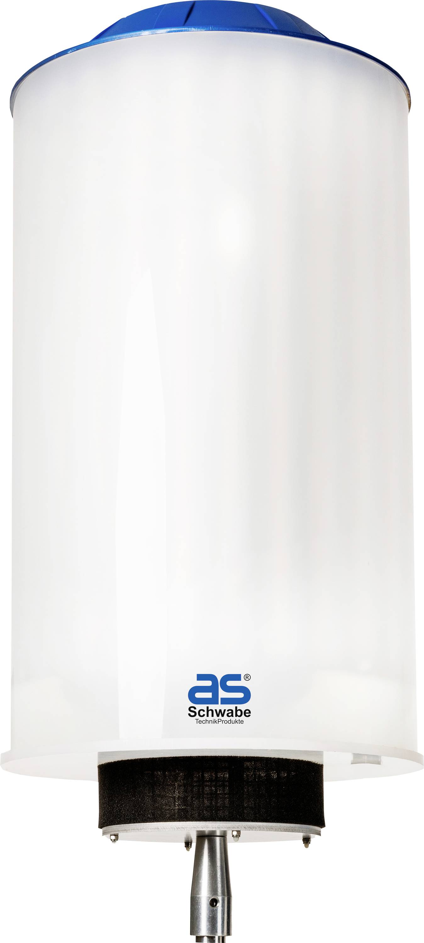 Cilindrische, verblindingsvrije LED-lamp met een blauwe deksel en 'as Schwabe' logo, geschikt voor bouwplaatsverlichting.