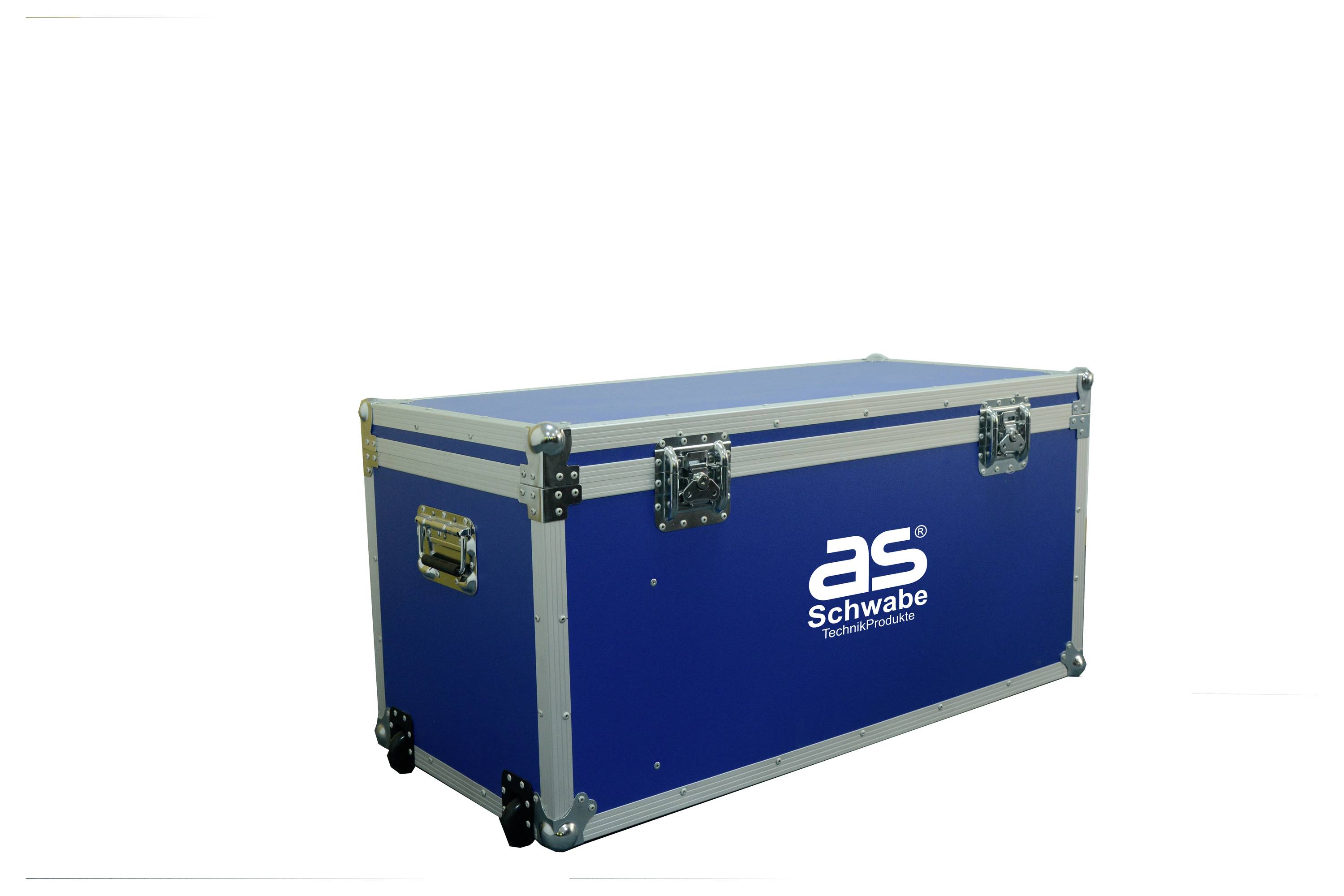 Grote blauwe transportkoffer met zilveren randen en handgrepen, "as Schwabe" op de voorkant.