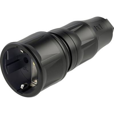 Zwarte adapterstekker, cilindrische vorm, met zijdelingse groeven en metalen contacten, geschikt voor industriële toepassingen.