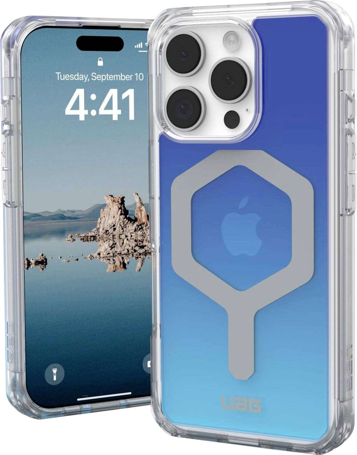 Smartphone met een blauwe beschermhoes van UAG. Het display toont de datum 'Dinsdag, 10 september' en de tijd '4:41'. Op de achtergrond een berglandschap.