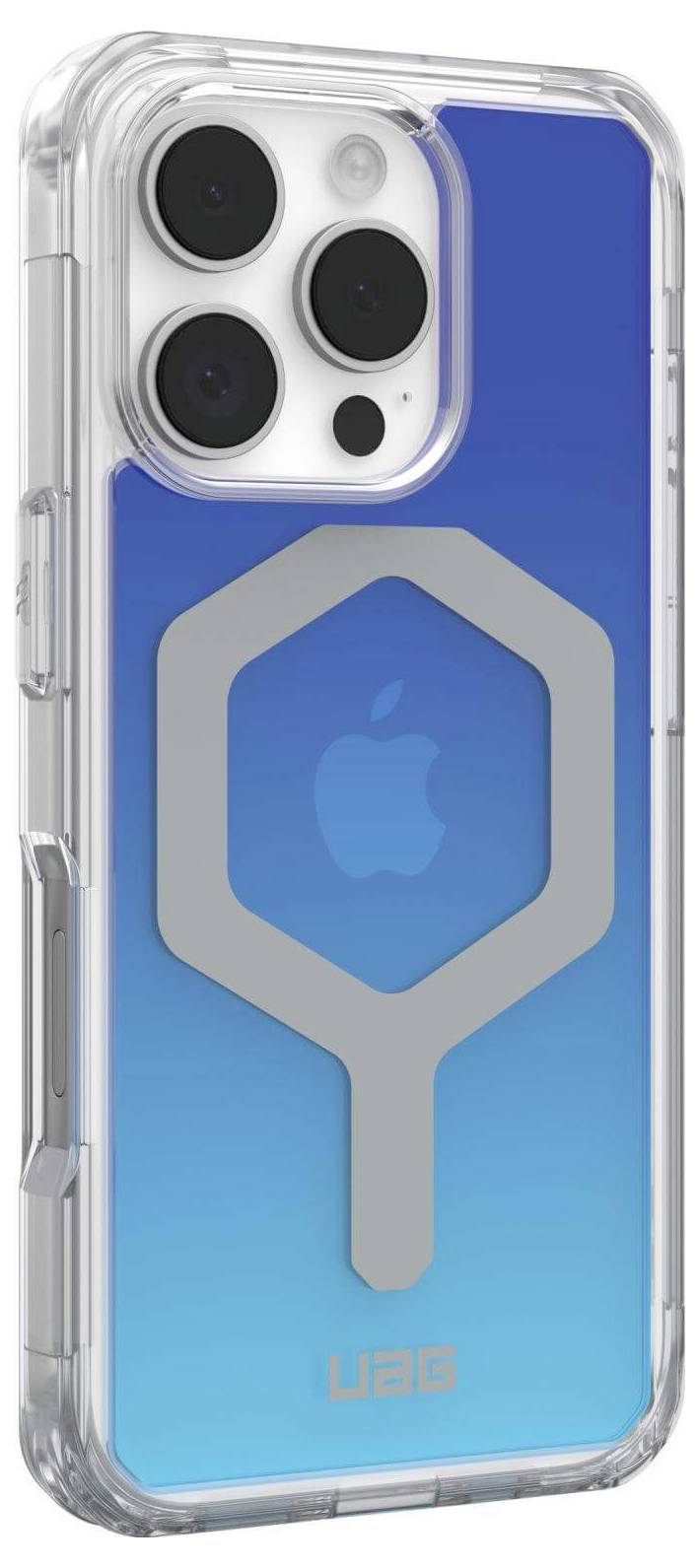 Een blauw smartphonebehuizing met een doorzichtige rand en een grote, zilveren magneetring aan de achterkant.
