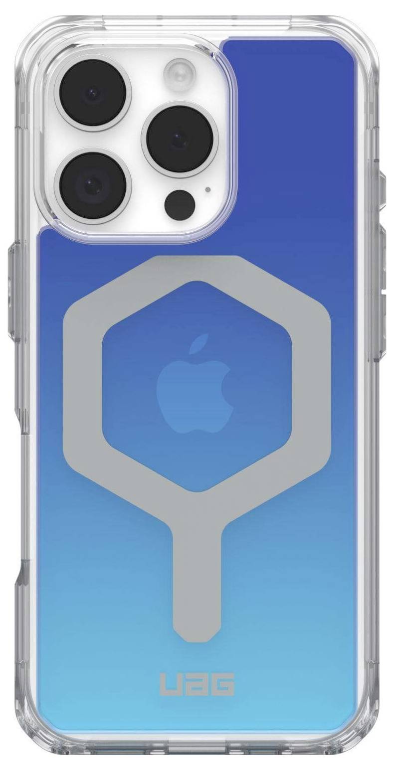 Transparant telefoonhoesje in het blauw met een zilver UAG-logo, ontworpen rond een smartphone met drie camera-lenzen.