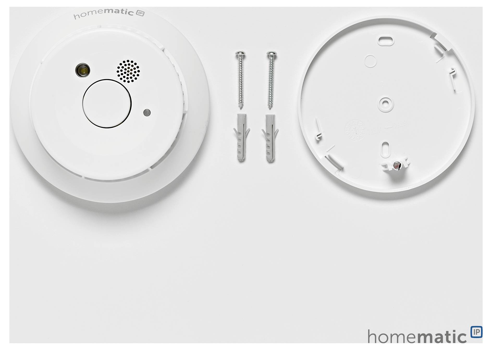 'Rookmelderdelen: Behuizing, basisplaat, schroeven en pluggen. Merk: Homematic IP.'