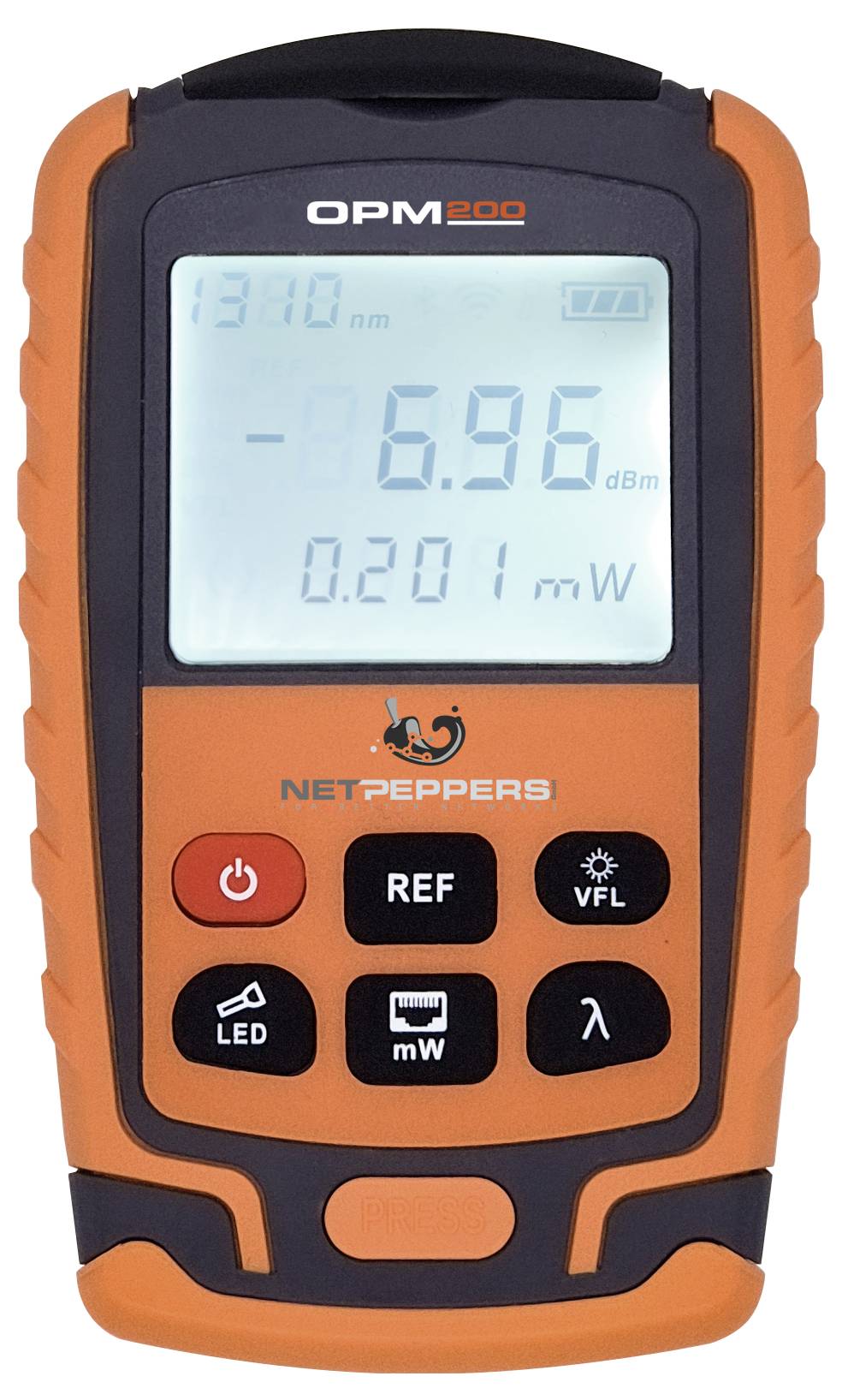 Oranje en zwart optisch vermogensmeetapparaat met display-aanduiding '6.96 dBm' en '0.201 mW', merknaam eronder. Bevat toetsen voor referentie, LED en VFL.