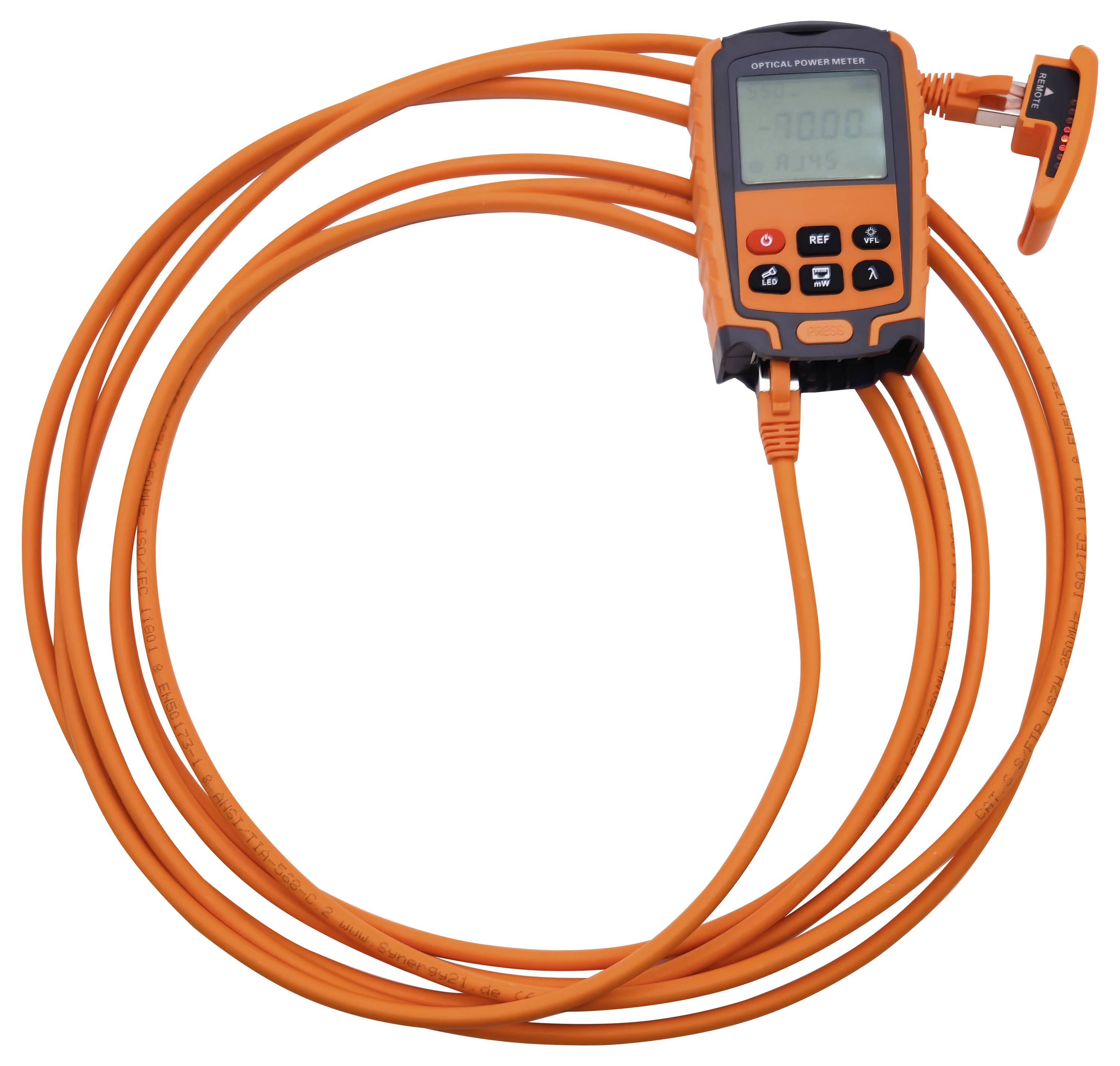 Een optisch vermogensmeetapparaat met een feloranje kabel, digitaal display en bedieningsknoppen.