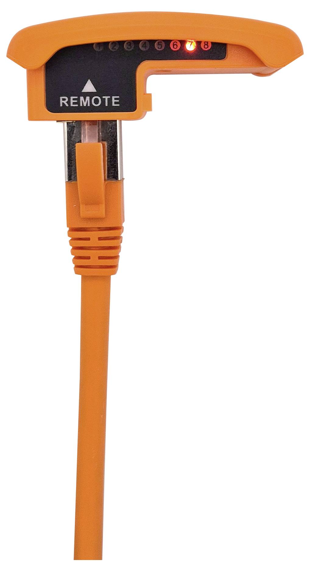 Een oranje kabel met een afstandssensor en verlichte indicatoren. Het toont activiteit of status door middel van LED-lampjes.