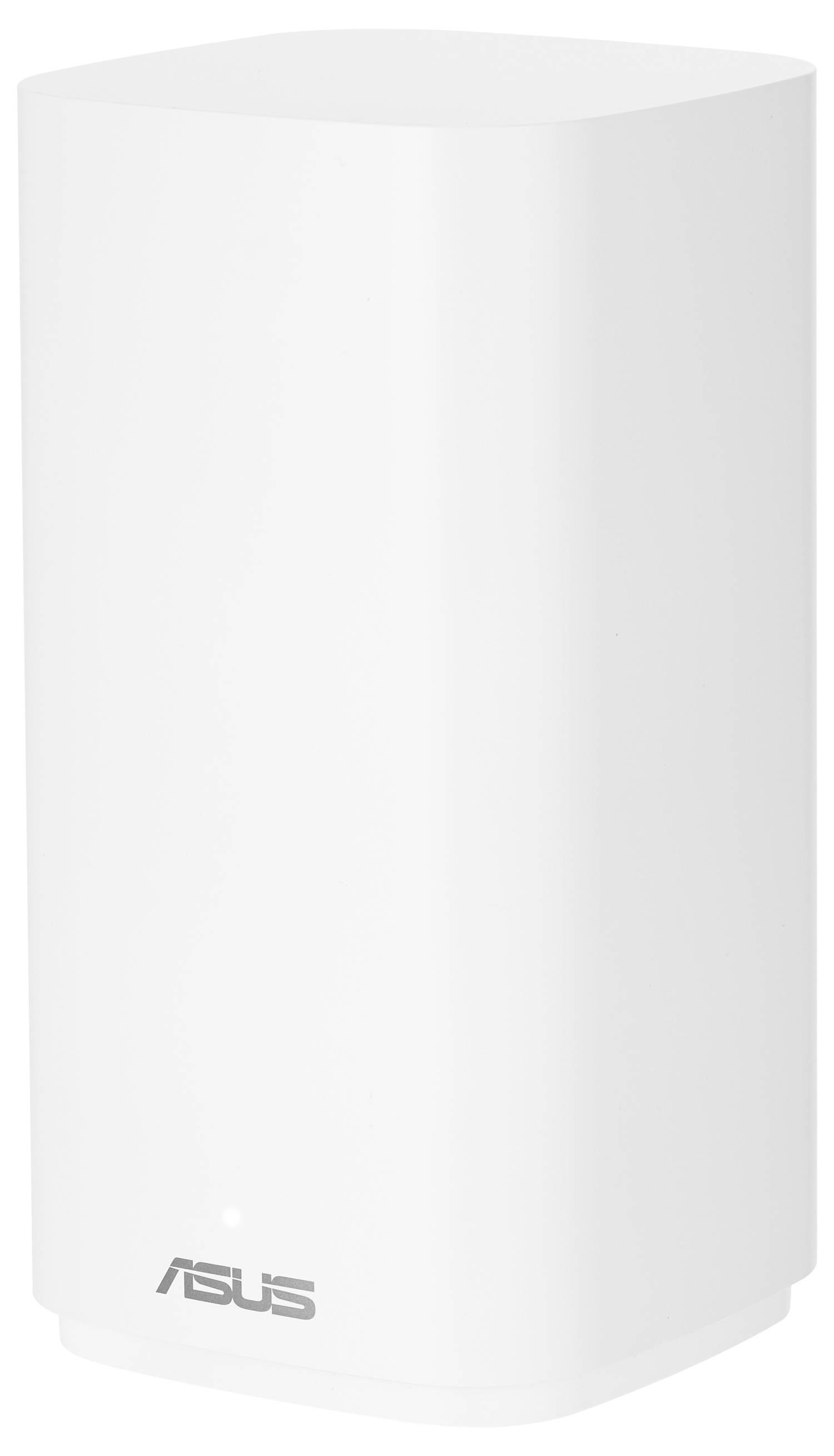 Witte, cilindrische wifi-router met een gladde oppervlakte, merklogo onderaan zichtbaar.