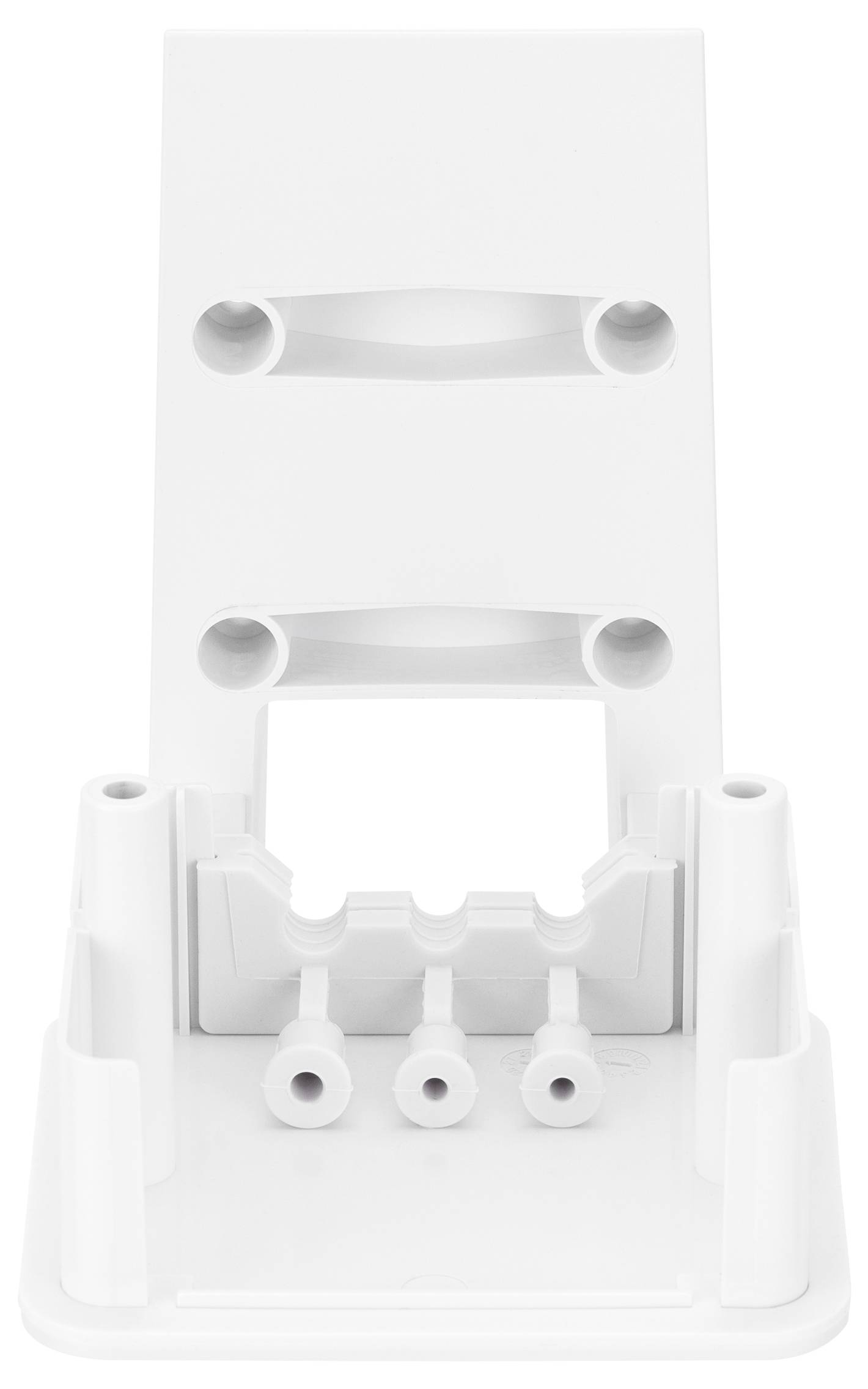 Witte houder met meerdere ronde uitsparingen en verticale bevestigingsgaten, geschikt voor montage of installatie.