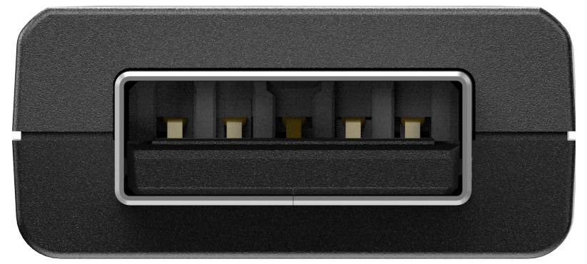 Een zwarte USB-aansluiting, close-up, met rechthoekige vorm en vijf contactpinnen aan de binnenkant.