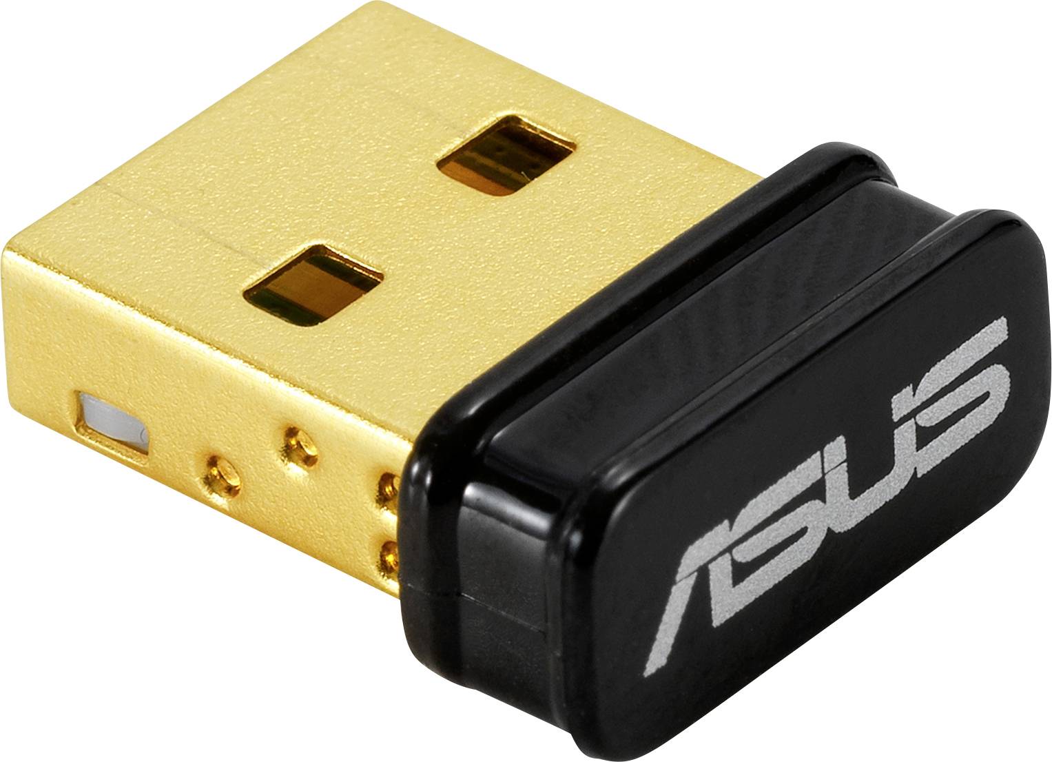 Een kleine, gouden USB-draadloze adapter met een zwarte behuizing en het logo van een bekende elektronicamerk.