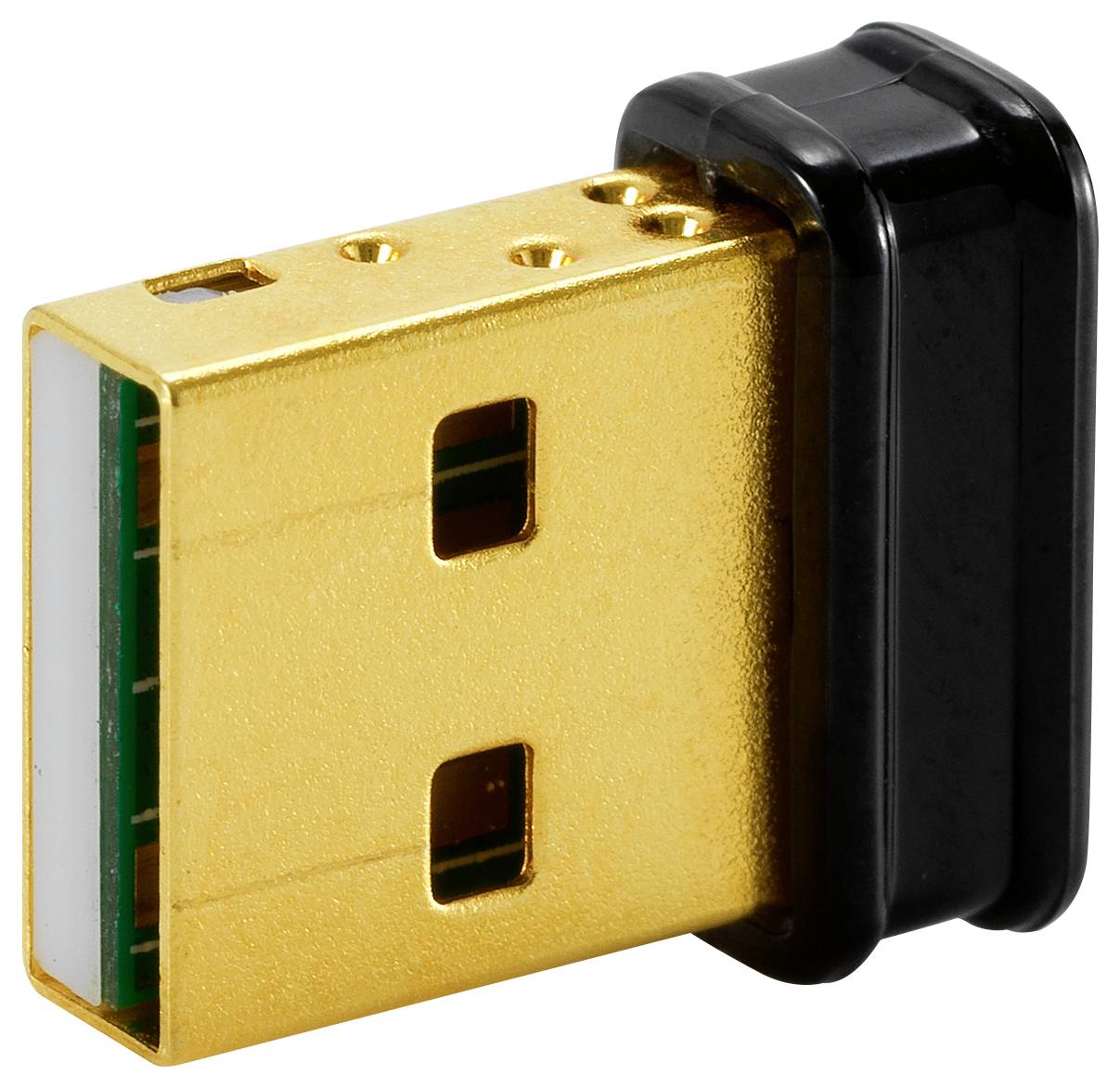 Een gouden USB-stekker met zwarte kunststof behuizing, geschikt voor draadloze netwerken of Bluetooth-verbindingen.