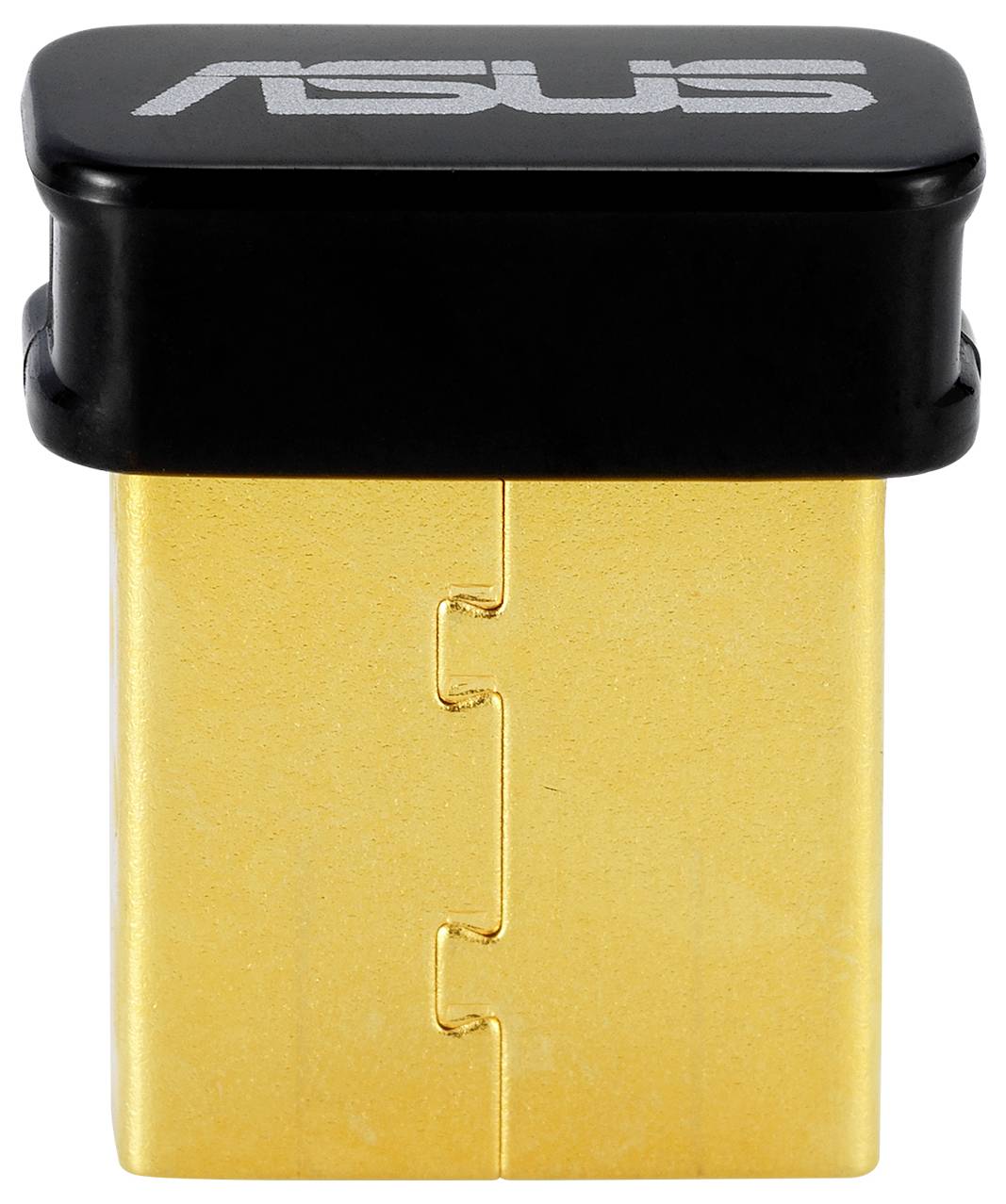 Een gouden USB-dongle met een zwarte stekkop waarop 'ASUS' staat. De dongle is klein en compact vormgegeven.