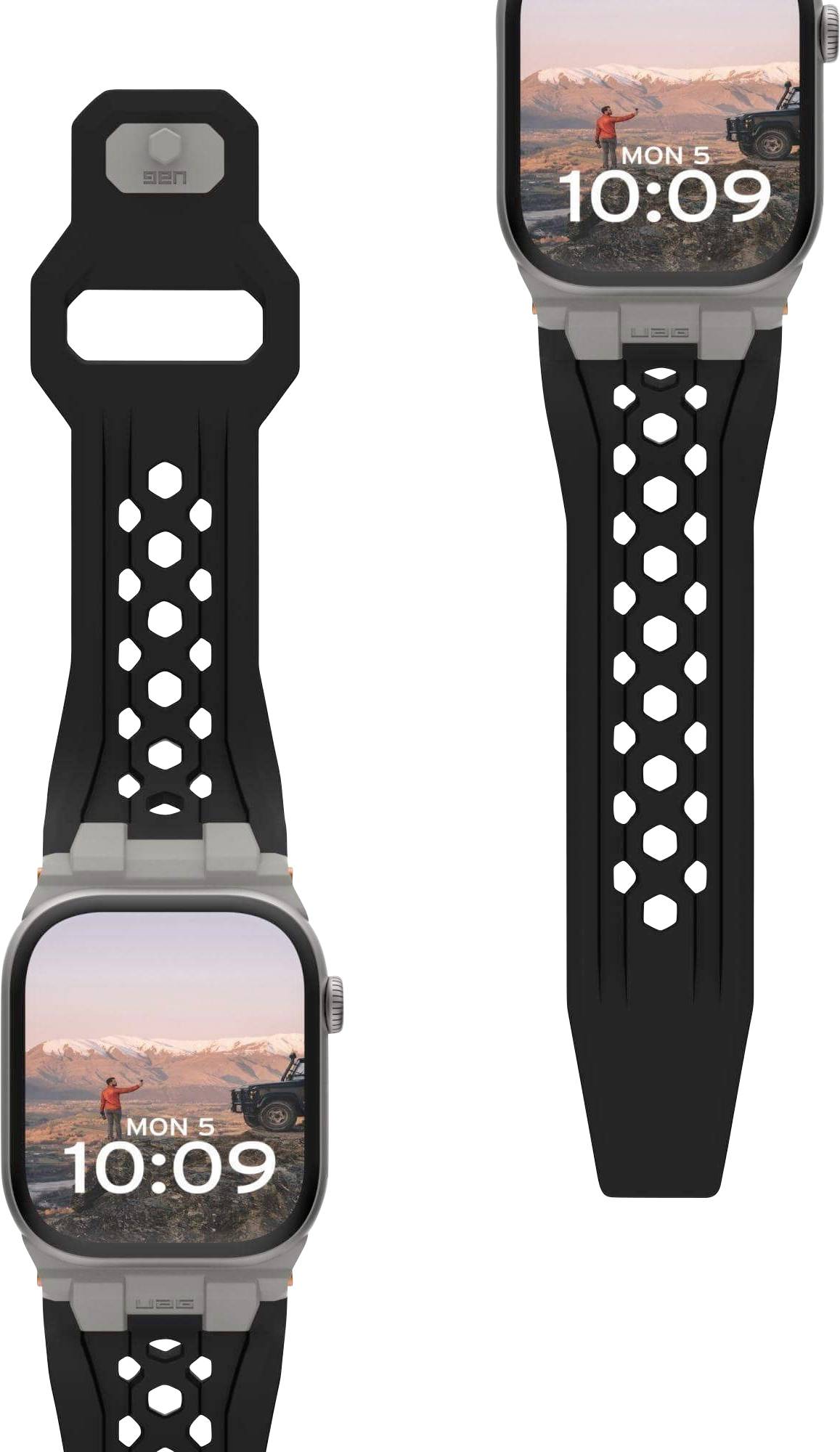 Twee perspectieven van een zwarte smartwatch met een honingraatpatroon-bandje. Het scherm toont de datum 'Ma 5' en de tijd '10:09'.