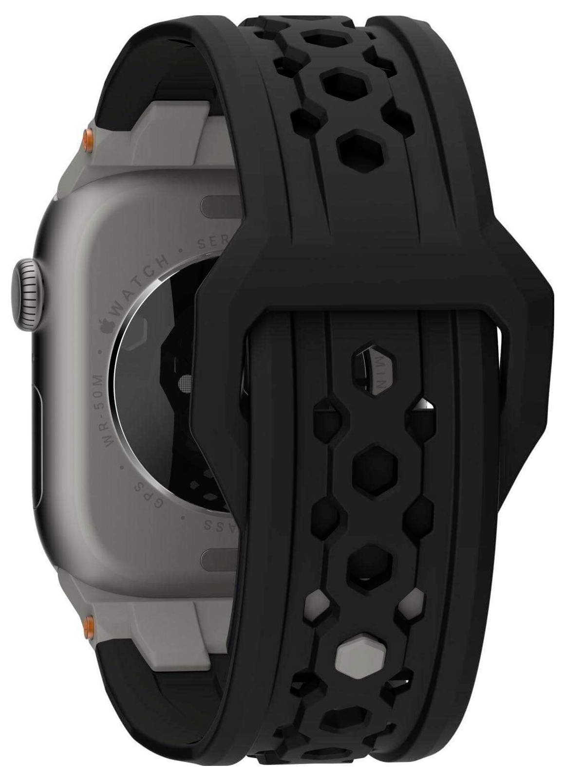Zwart armband met honingraatpatroon aan de achterkant van een grijze smartwatch.