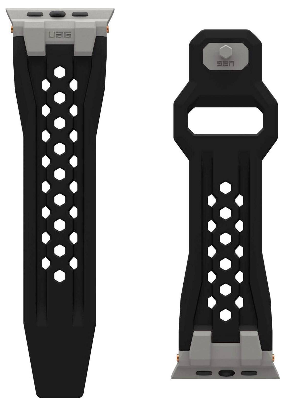 Zwart vervangingsarmband met honingraatdesign en zilveren aansluitingen, geschikt voor een horloge.