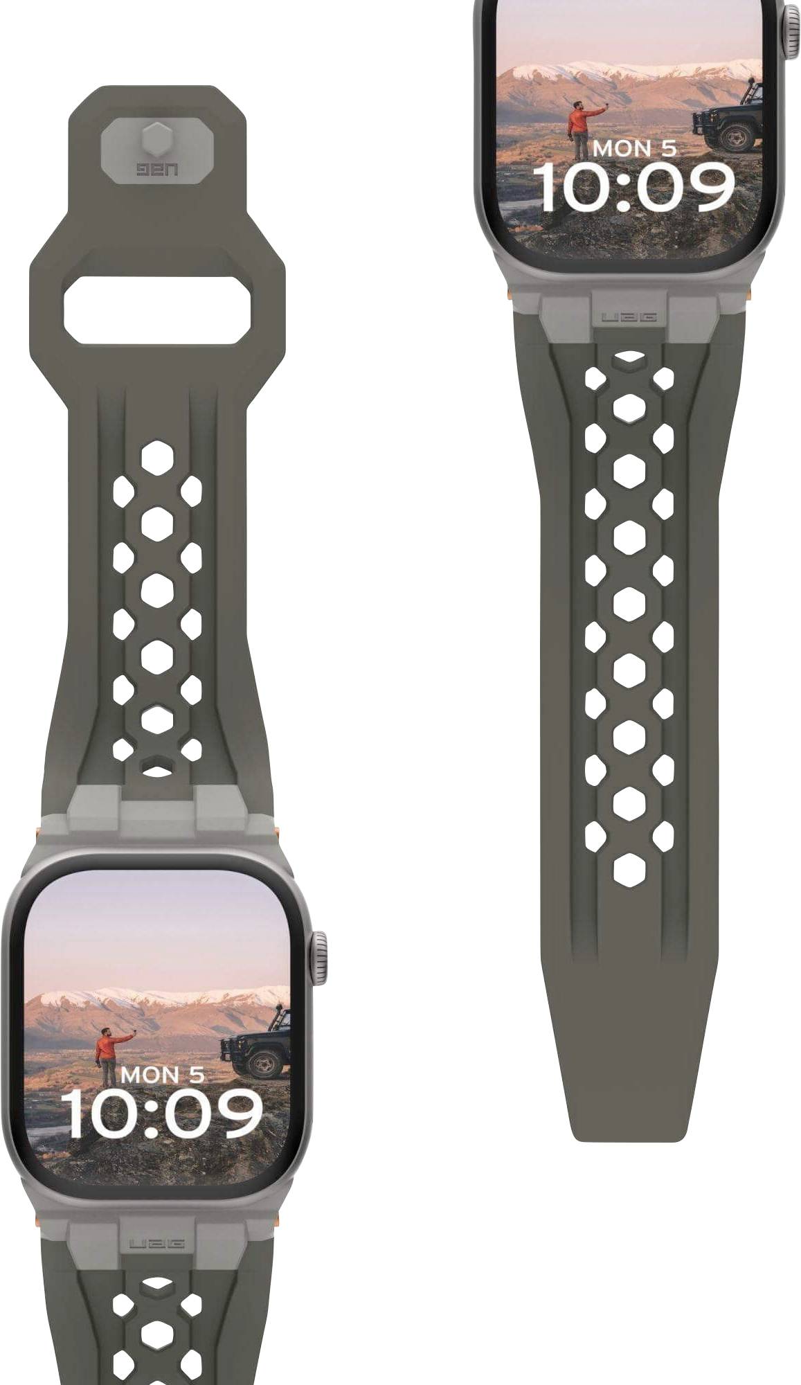 Een smartwatch met een grijs, geperforeerd bandje toont op het display een achtergrondafbeelding van een persoon met een terreinwagen in een landschap.