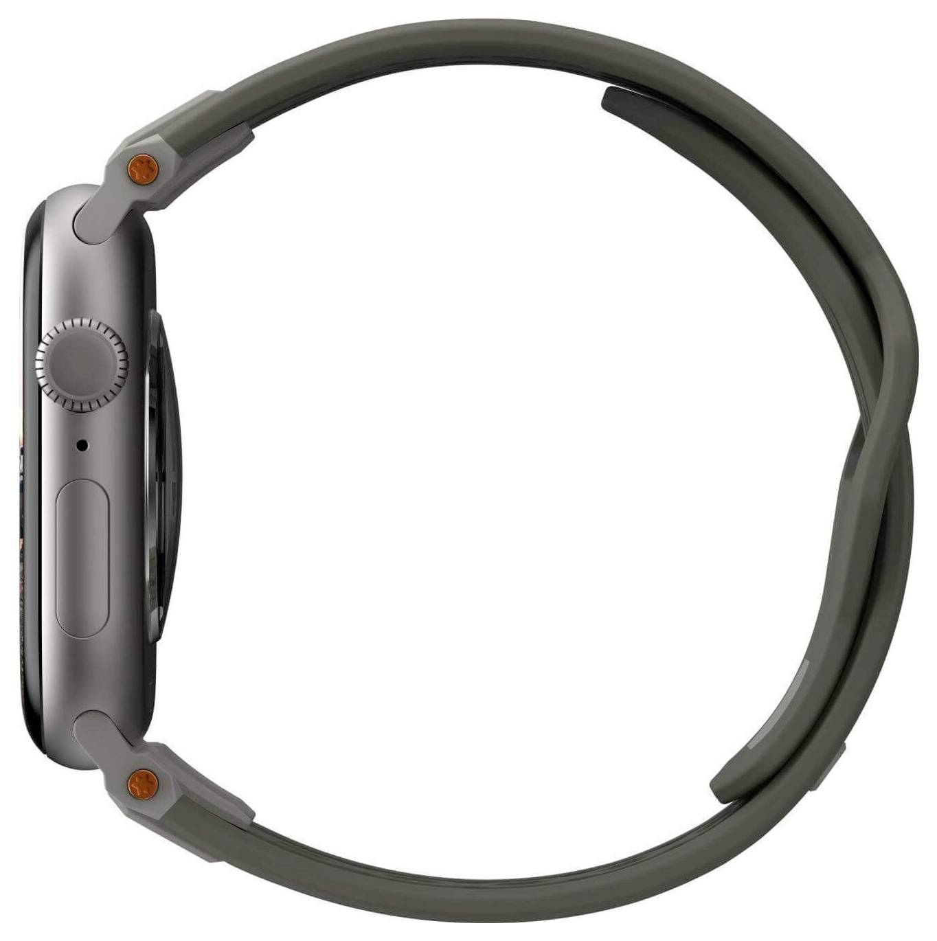 Zijaanzicht van een smartwatch met een grijs behuizing en grijze polsband, digitale kroon en knop zichtbaar.