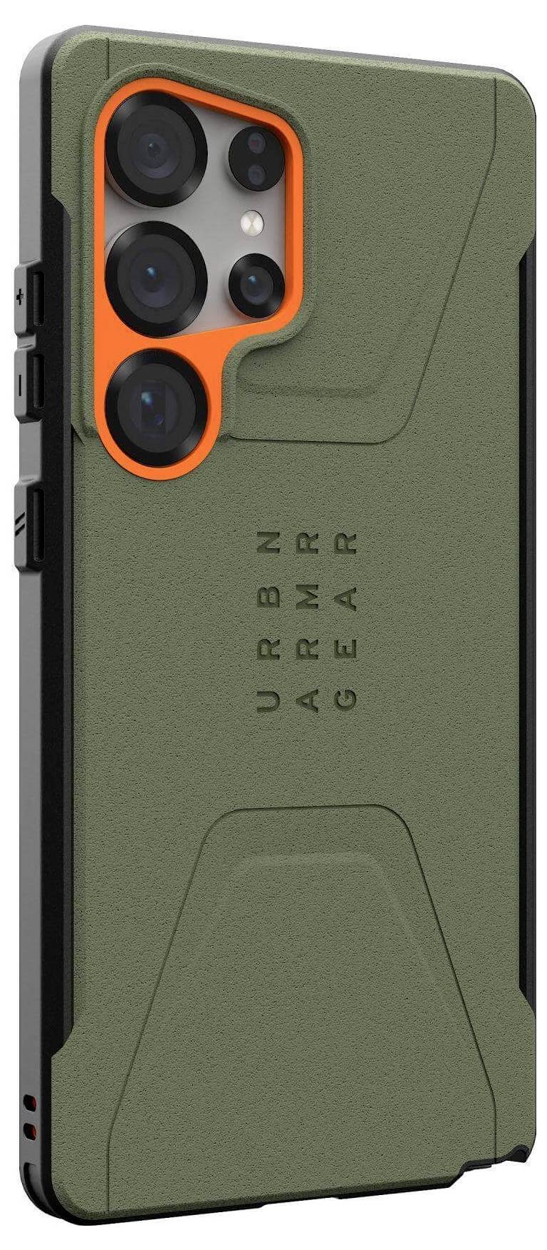 Smartphone-hoesje met robuust, olijfgroen ontwerp en oranje accent rond de camera, merk 'Urban Armor Gear'.