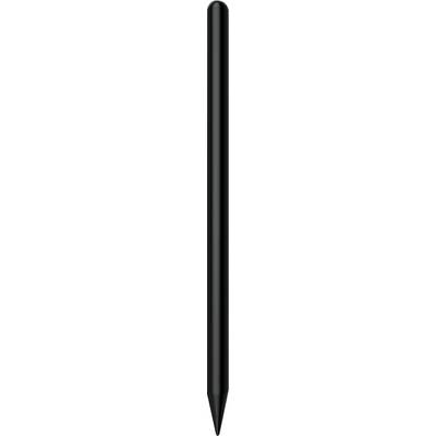 Een zwarte pen staat verticaal op een wit oppervlak.