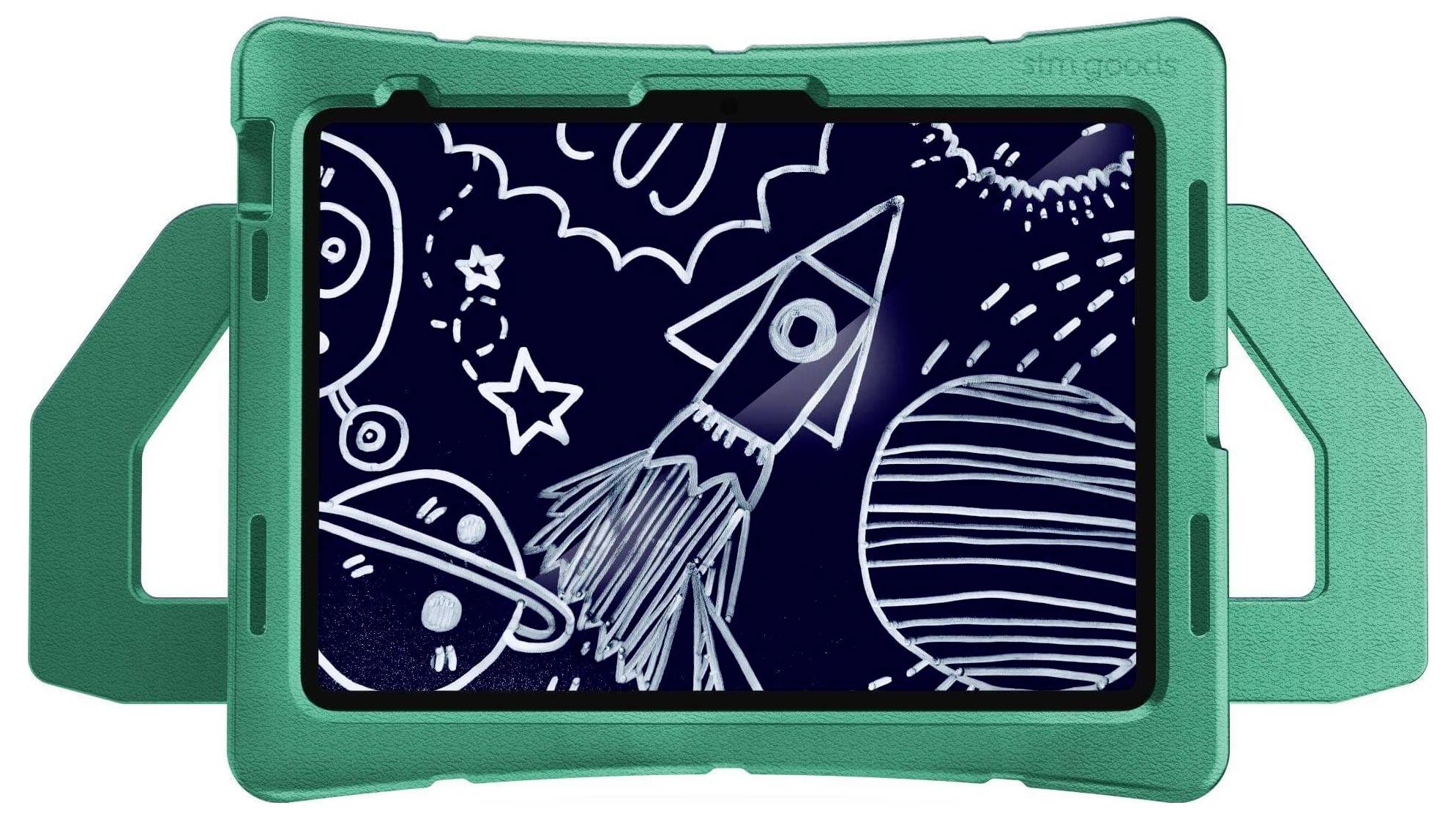 Raketentekening voor een ruimteachtergrond op een scherm in een groene omhulling.