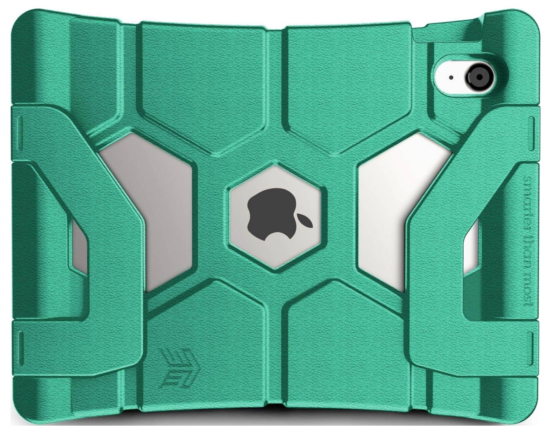 Groen, robuust tablet-hoesje met zeshoekig patroon, zichtbaar logo en de slogan "slimmer dan de rest".