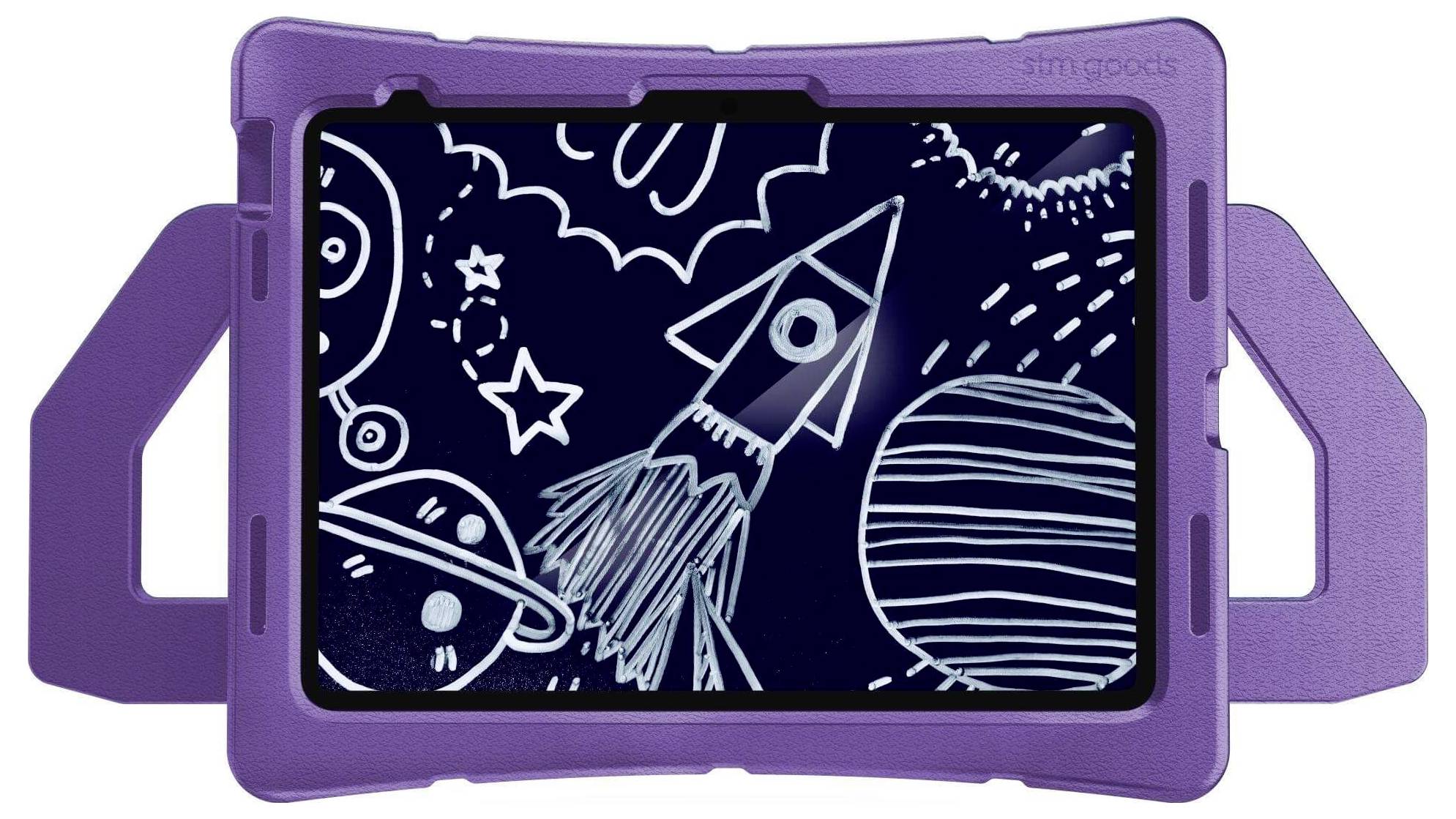 Tablet met een paarse hoes toont een kinderlijke tekening: Een raket in de ruimte met planeten en sterren op de achtergrond.