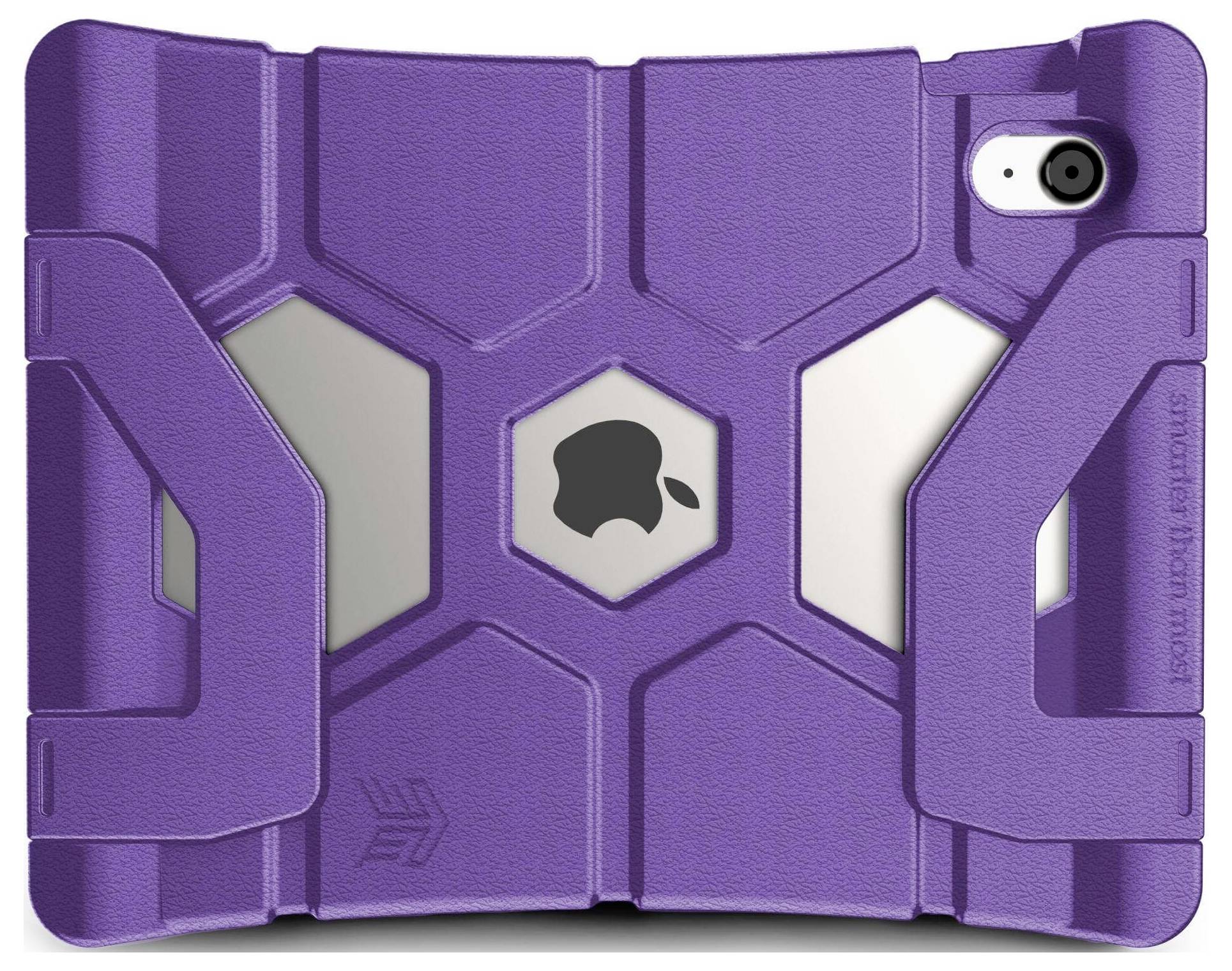 Tablet met een robuuste, paarse beschermhoes met een zeshoekig patroon. De hoes heeft uitsparing voor camera en logo.