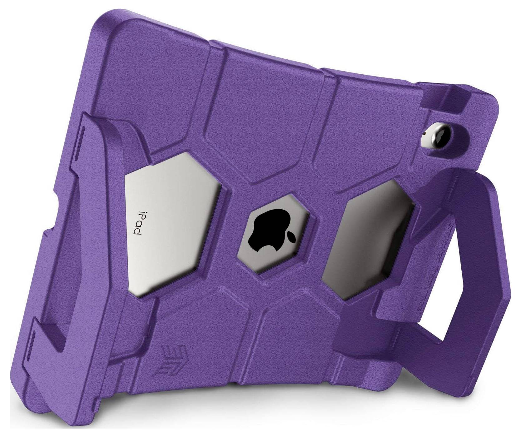 Paarse beschermhoes voor een iPod-apparaat, met handgreep en zeshoekige uitsparing, toont de zwarte opening met het Apple-logo.