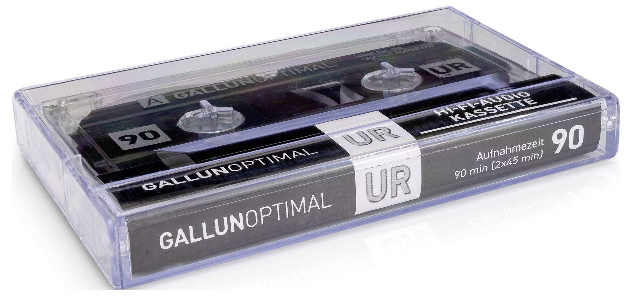 Een transparante cassette in een behuizing met het opschrift 'GALLUNOPTIMAL UR', speelduur 90 minuten, HiFi-audiocassette.