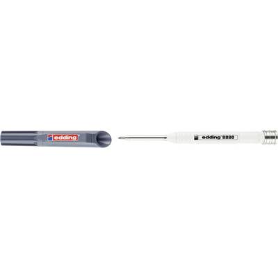 Een witte Edding 8850 industriële verfmarker met een fijne punt tekent een grijze lijn. De dop van de stift ligt ernaast.