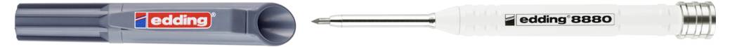 'Drukpotlood Edding 8880', toont de punt en de dop. Dop is donkerblauw met rood Edding-logo. Punt is zilverkleurig.
