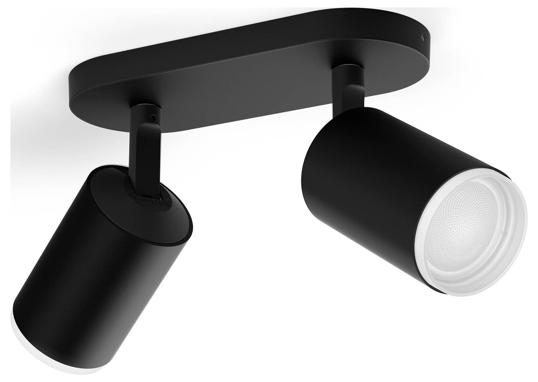 Zwarte, moderne plafondlamp met twee verstelbare, cilindervorming armaturen voor gerichte verlichting.