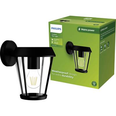 Zwarte, weerbestendige wandlamp van Philips voor buitengebruik, gepresenteerd in een groene verpakking met de vermelding 'Netspanning'.