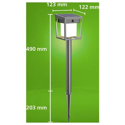 Zonnepatheverlichting op paal, weergegeven met afmetingen: 490 mm totale hoogte, 203 mm paallengte, 123 mm bovenste breedte, 122 mm diepte.