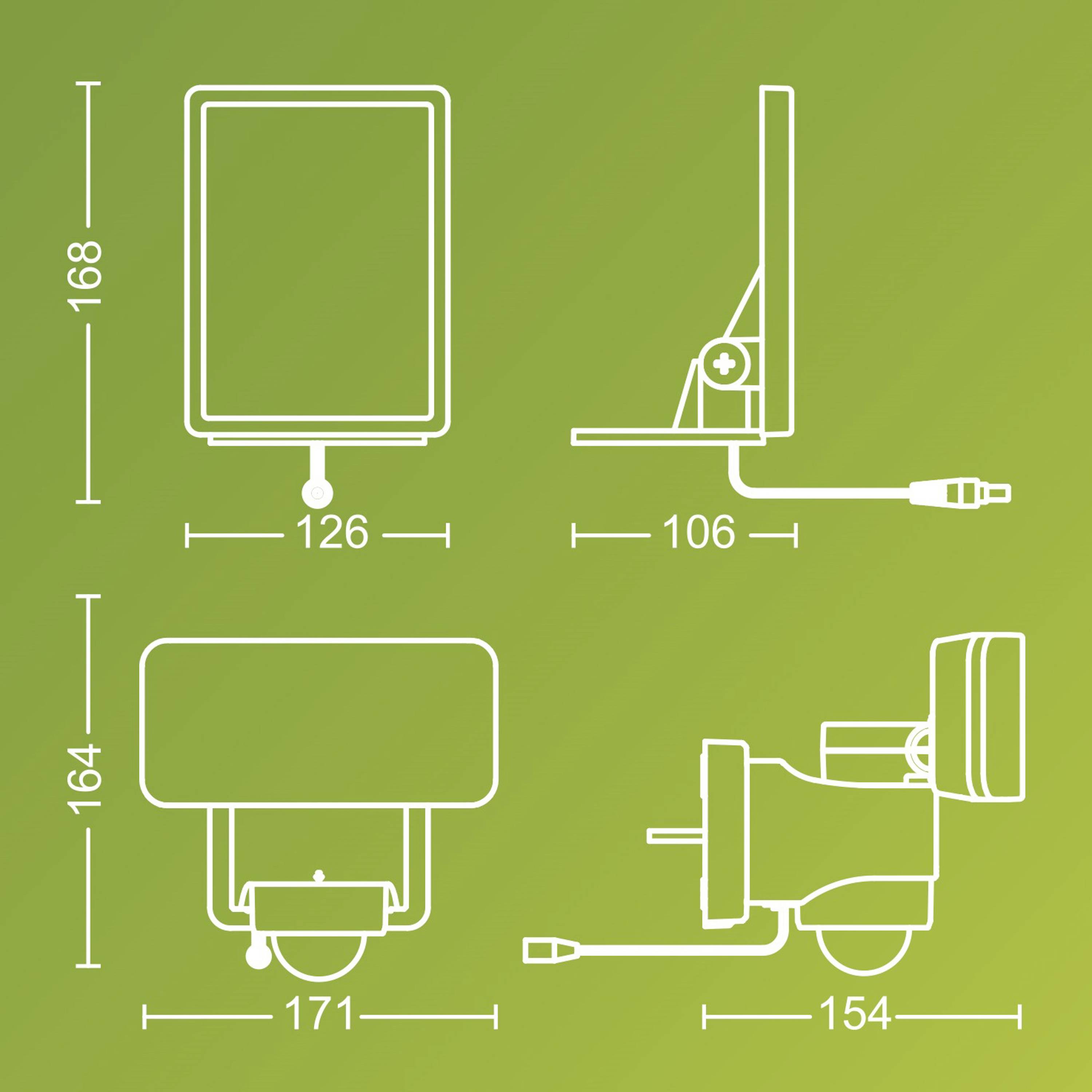 Technische tekening van een rechthoekig apparaat met afmetingen: hoogte 168 mm, breedte 126 mm, diepte 106 mm. Achteraanzicht: hoogte 164 mm, breedte 171 mm, diepte 154 mm.