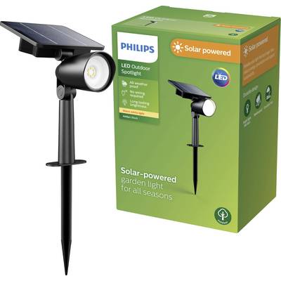 Zonne-energetische Philips LED-buitenspot met grondpen, in een groene verpakking. Geschikt voor gebruik in de tuin gedurende het hele jaar.